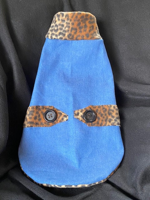 DENIM & LEOPARD FLEECE Lined Dog Coat, Handmade Small Pet Clothing