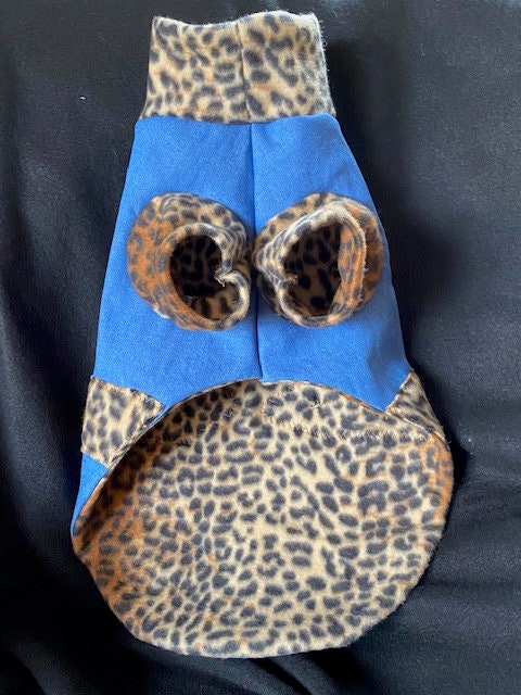 DENIM & LEOPARD FLEECE Lined Dog Coat, Handmade Small Pet Clothing
