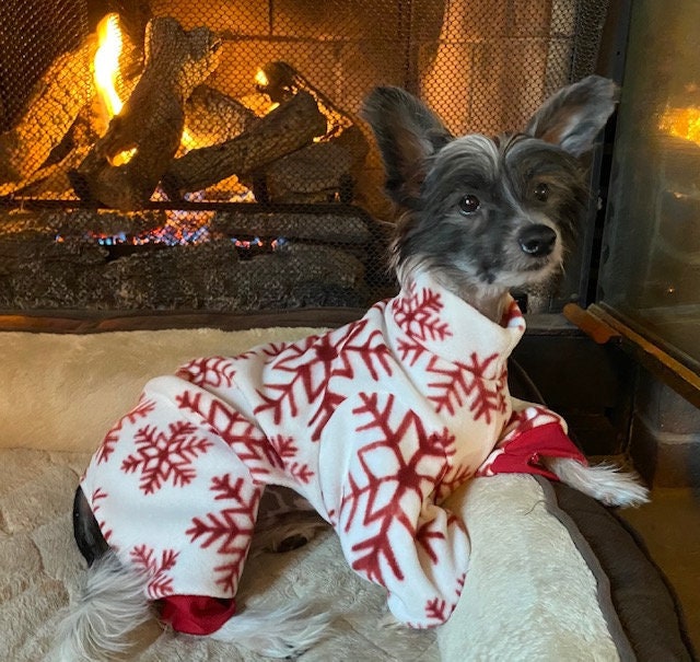 RED SNOWFLAKE FLEECE Dog Jammies, Winter Pet Clothing