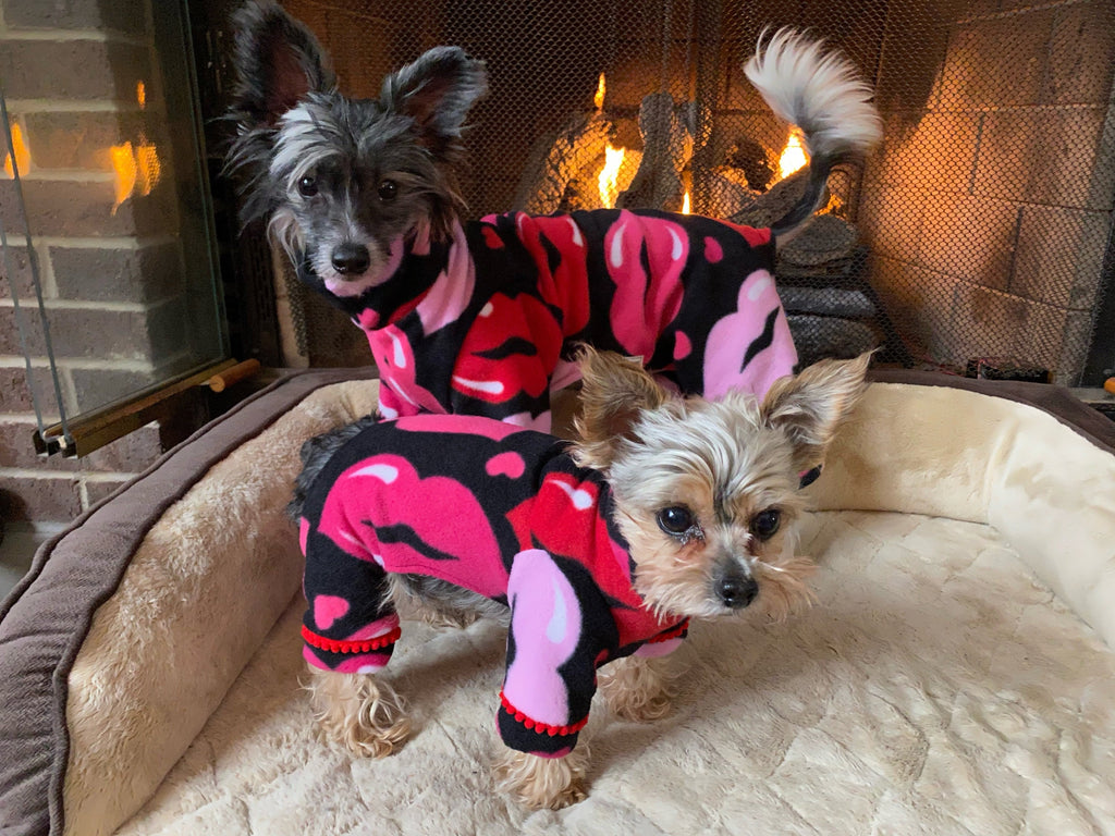 HOT LIPS FLEECE Dog Jammies, Cozy Small Dog Onesie