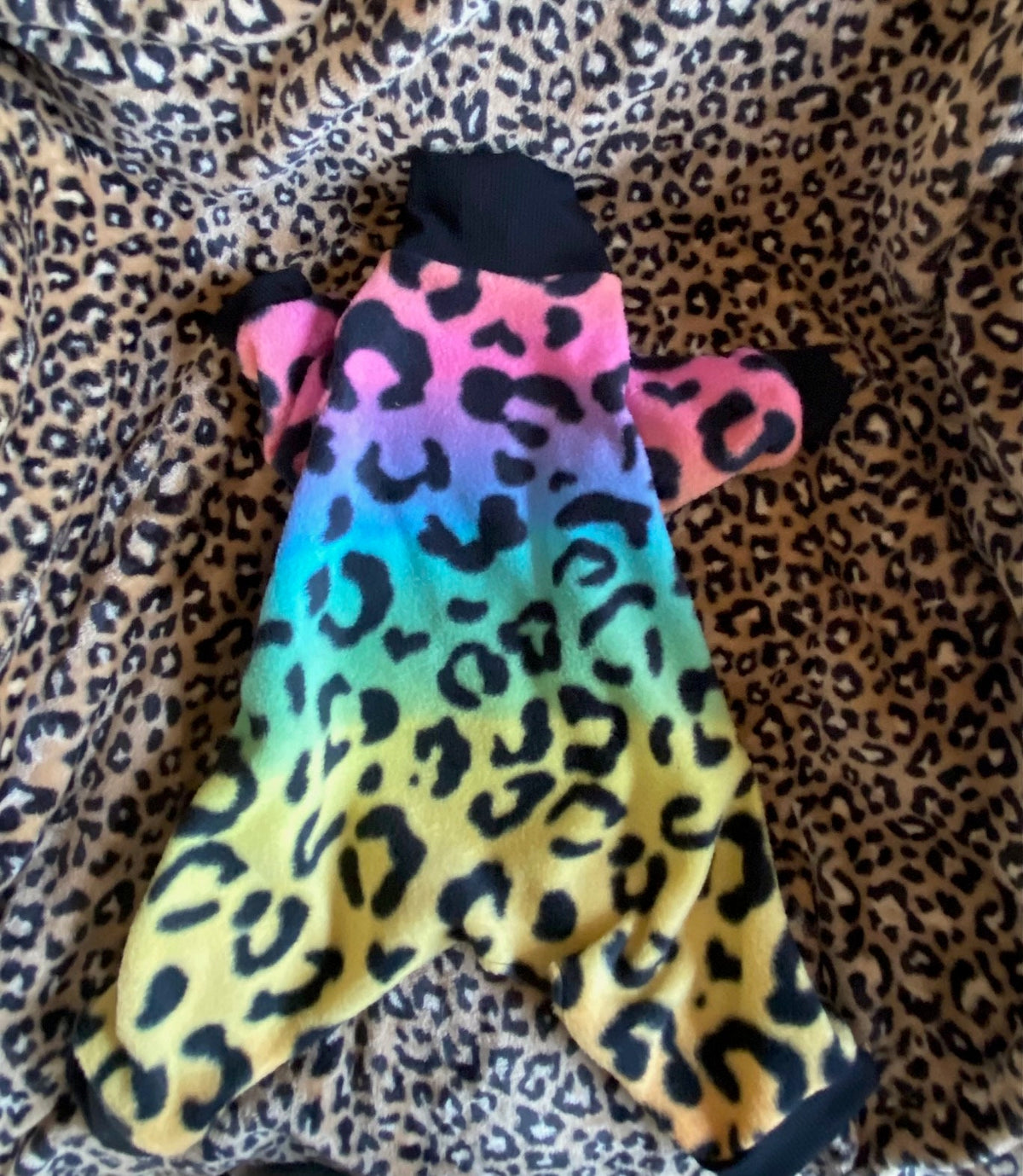 RAINBOW LEOPARD FLEECE Dog Jammies, Handmade Small Pet Clothing