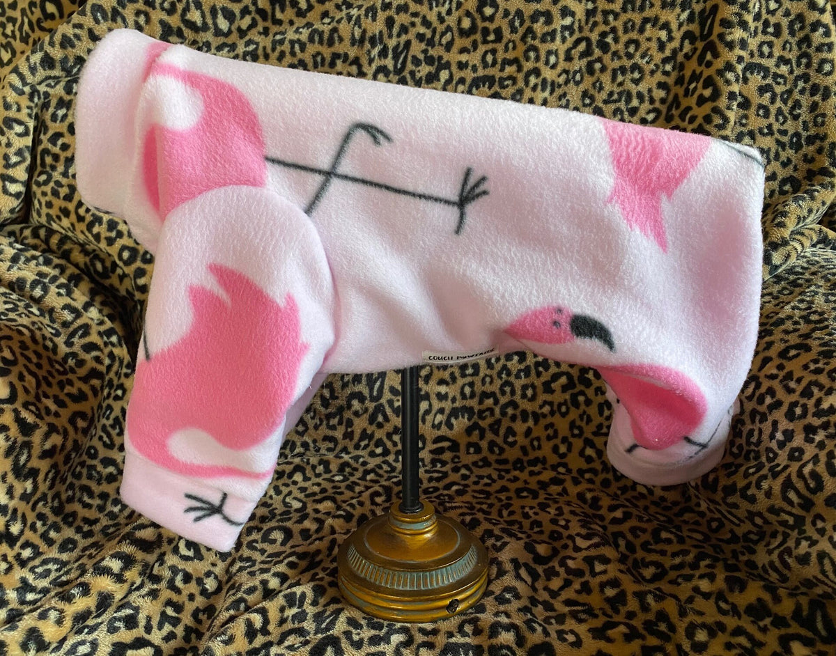 PINK FLAMINGO FLEECE Dog Jammies, Cozy Small Dog Onesie