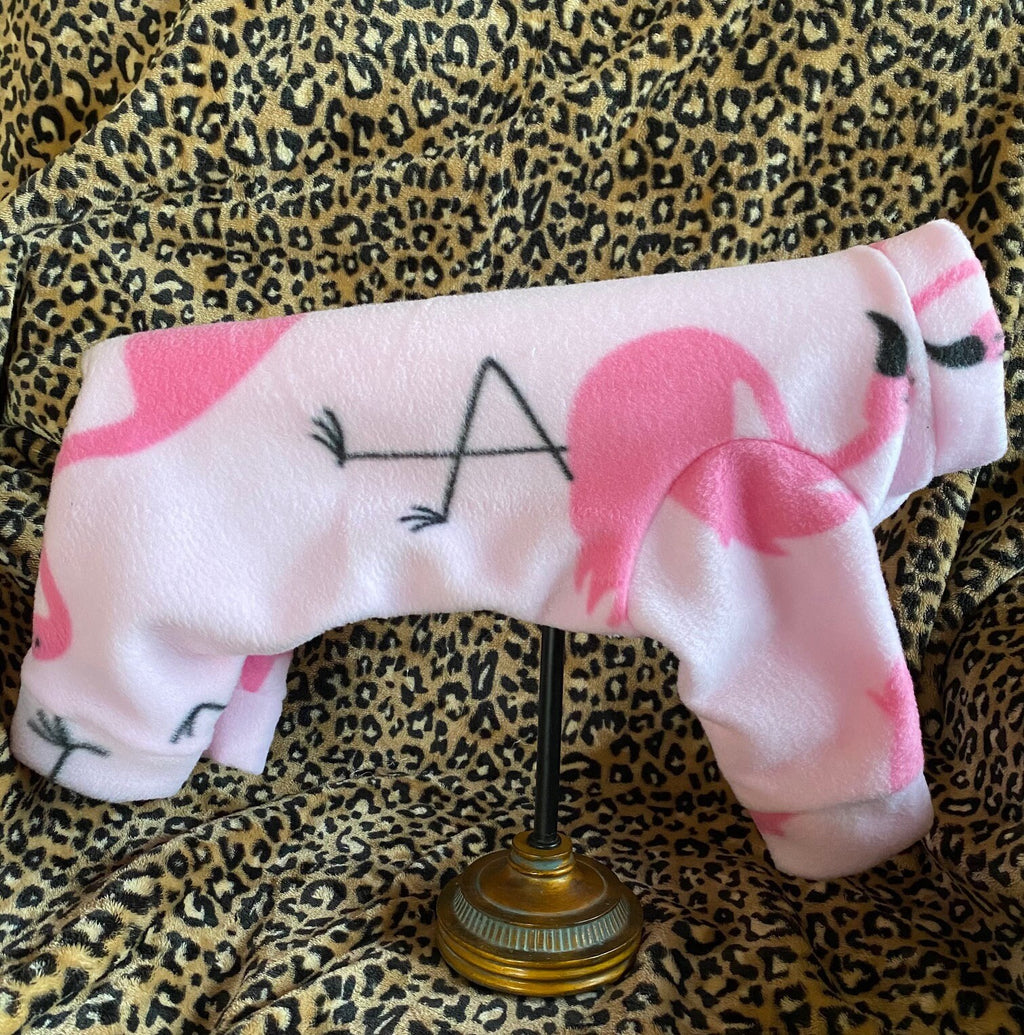 PINK FLAMINGO FLEECE Dog Jammies, Cozy Small Dog Onesie