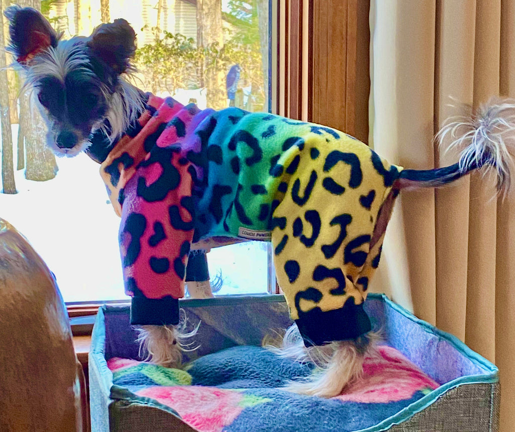 RAINBOW LEOPARD FLEECE Dog Jammies, Handmade Small Pet Clothing
