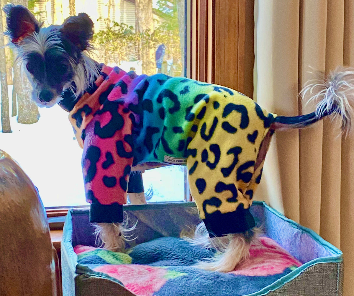 RAINBOW LEOPARD FLEECE Dog Jammies, Handmade Small Pet Clothing