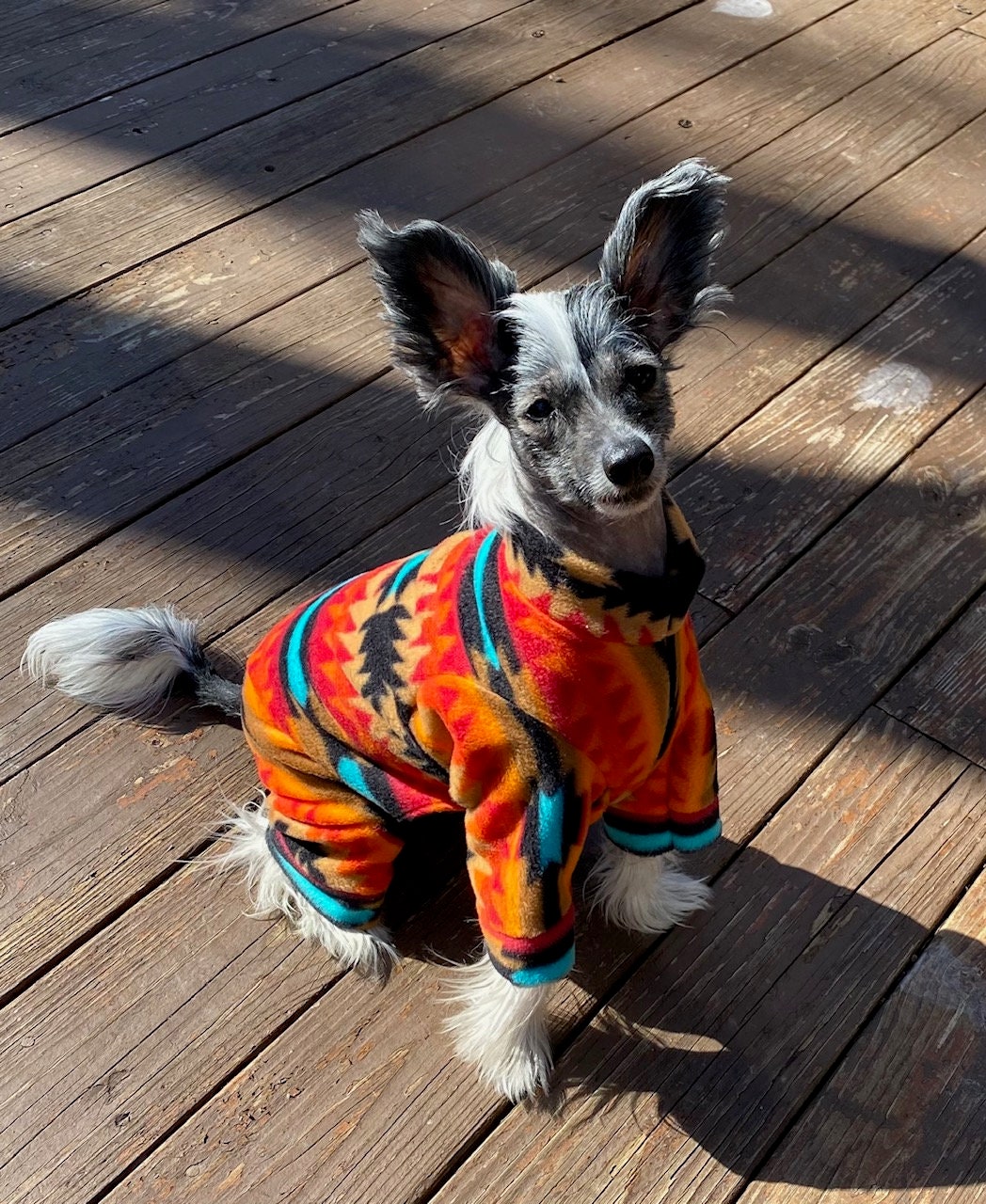 SOUTHWESTERN FLEECE ONESIE for Small Dogs, Handmade Pet Clothing