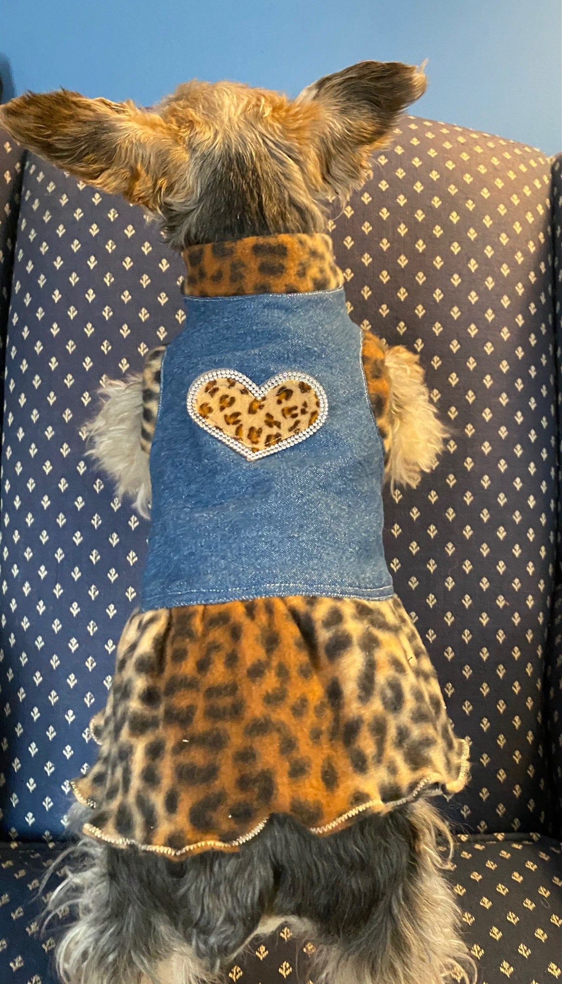 BLING LEOPARD HEART Denim Dog Dress, Handmade Pet Dress