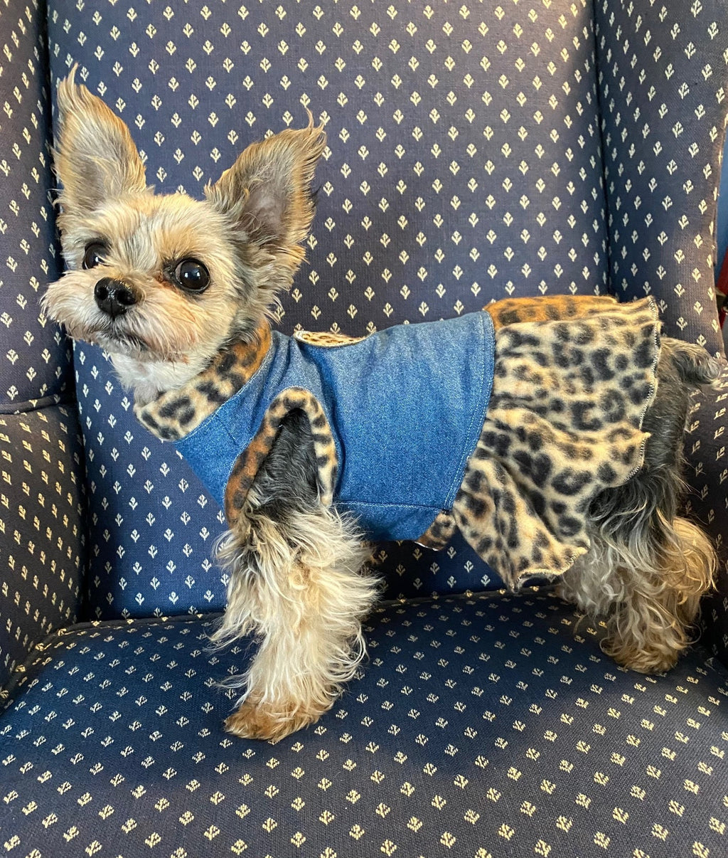 BLING LEOPARD HEART Denim Dog Dress, Handmade Pet Dress