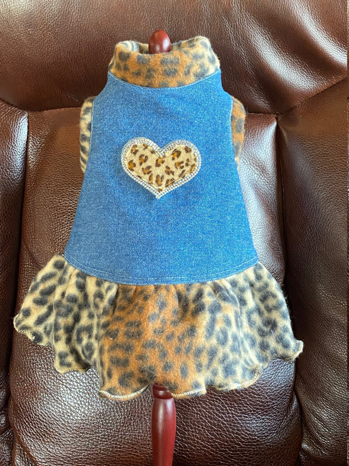 BLING LEOPARD HEART Denim Dog Dress, Handmade Pet Dress
