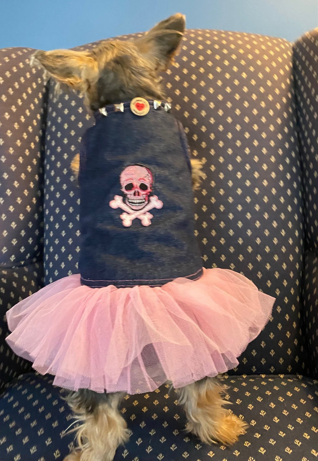 SKULL APPLIQUE' DENIM Pet Dress, Handmade Pink Tulle Dog Dress