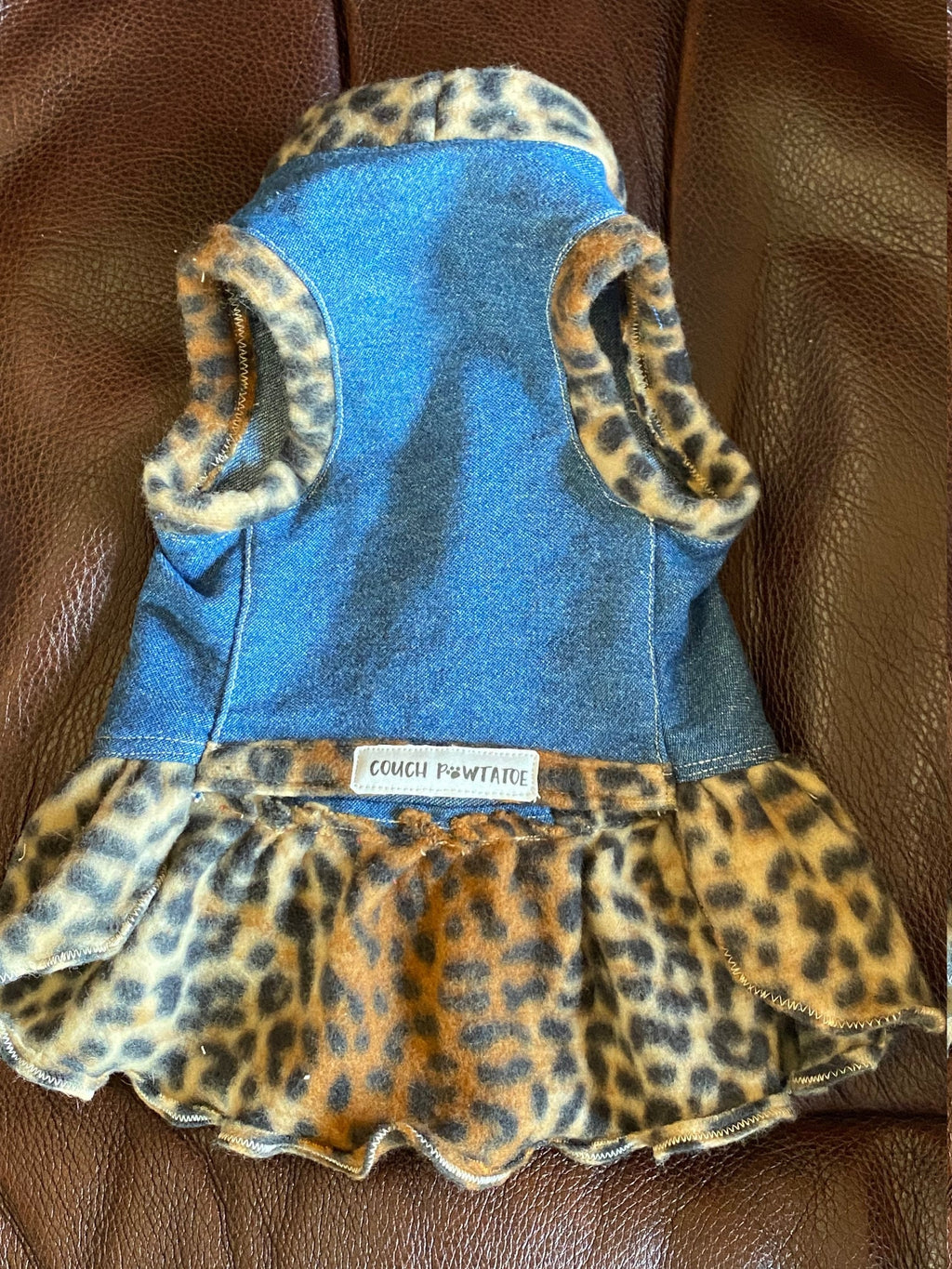 BLING LEOPARD HEART Denim Dog Dress, Handmade Pet Dress