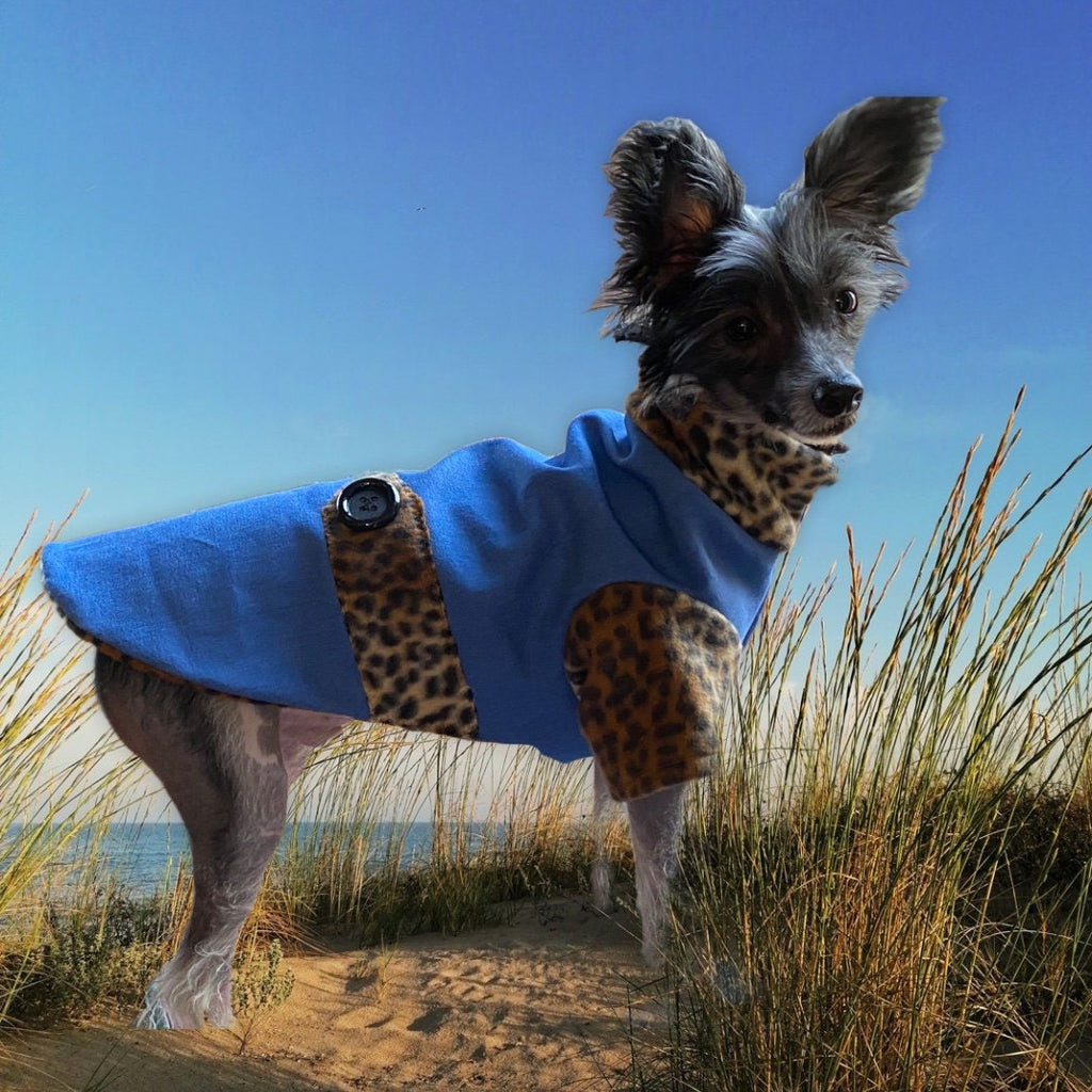 DENIM & LEOPARD FLEECE Lined Dog Coat, Handmade Small Pet Clothing