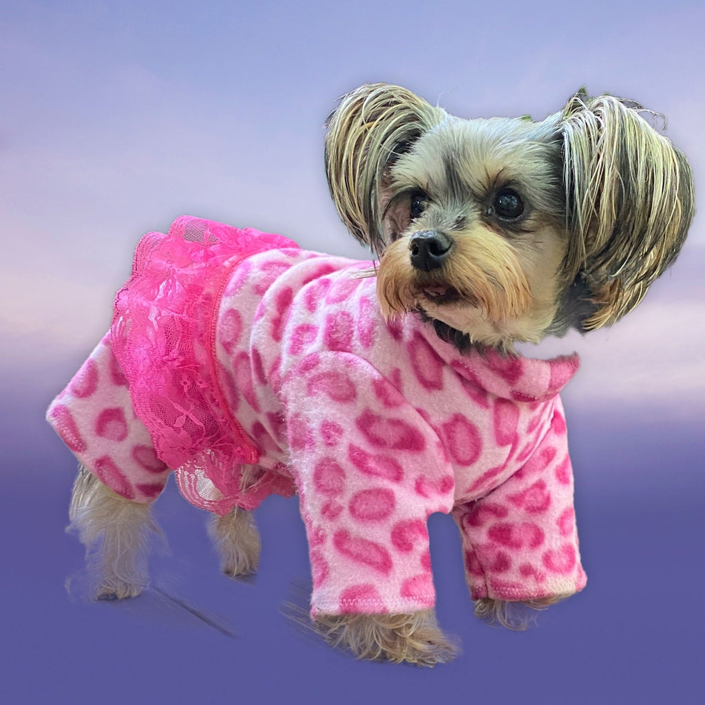 PINK LEOPARD FLEECE Jammies with Tutu for Small Pets, Handmade Dog Apparel