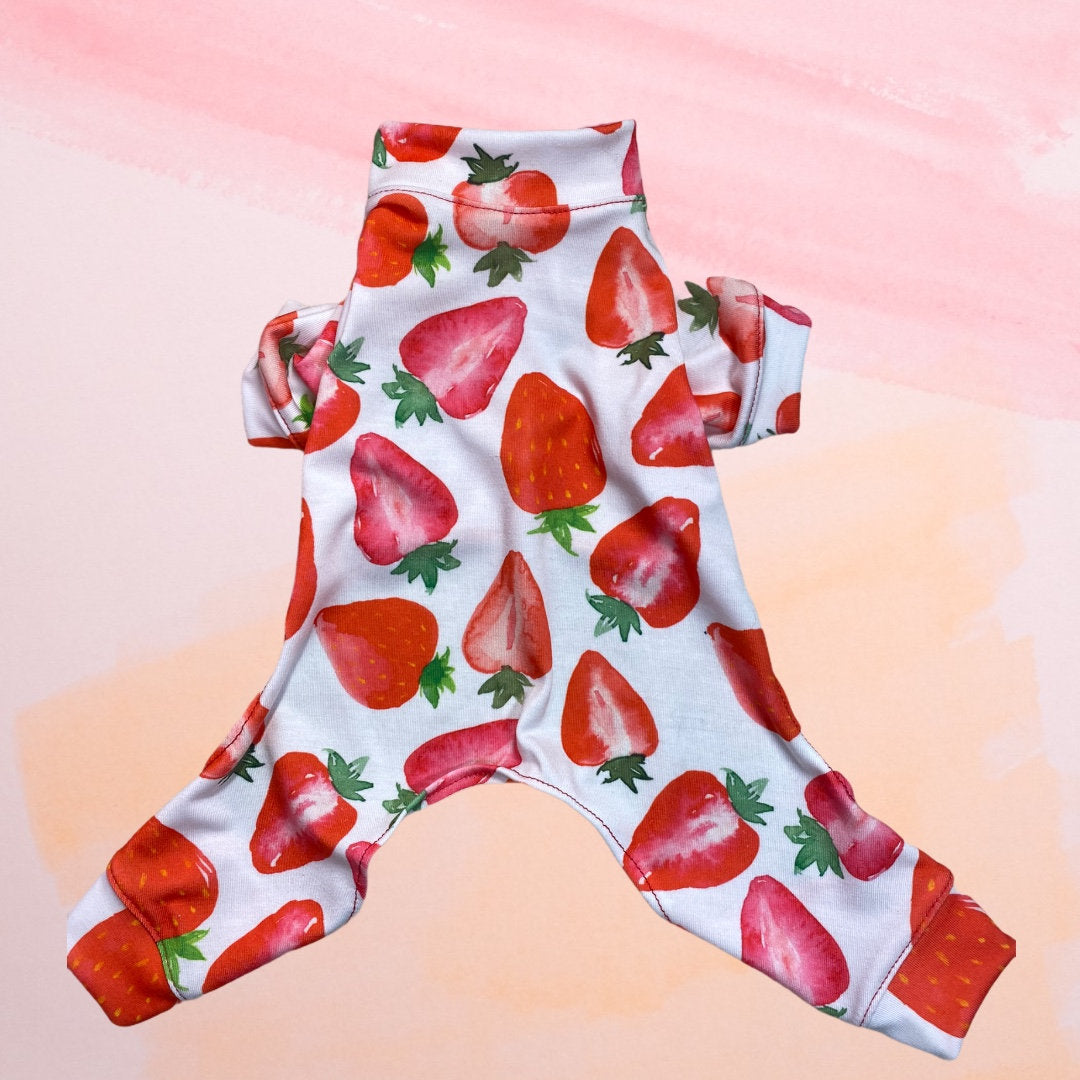 STRAWBERRY FIELDS Dog Jammies:  Lightweight Onesie for Small Pets