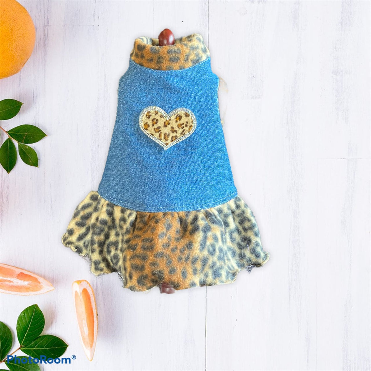 BLING LEOPARD HEART Denim Dog Dress, Handmade Pet Dress