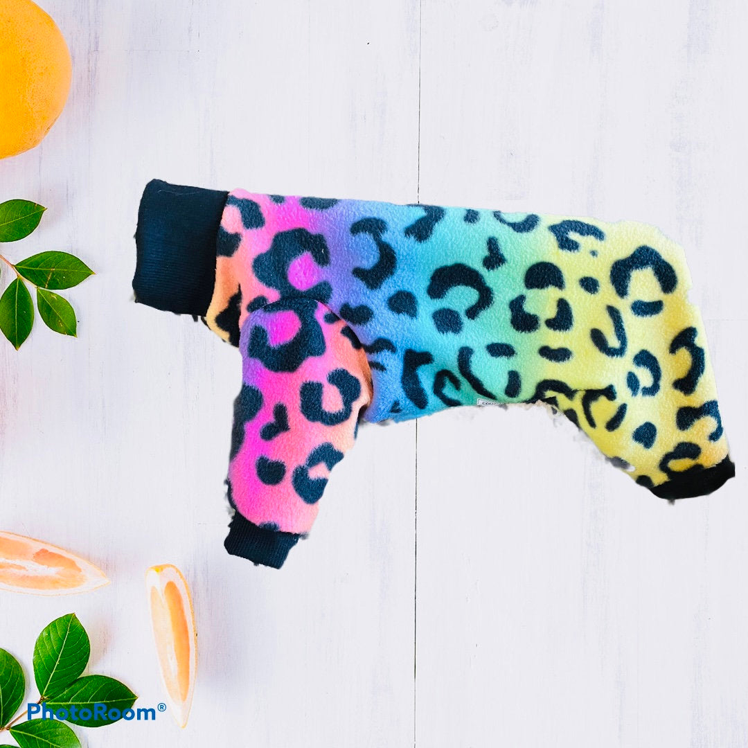RAINBOW LEOPARD FLEECE Dog Jammies, Handmade Small Pet Clothing