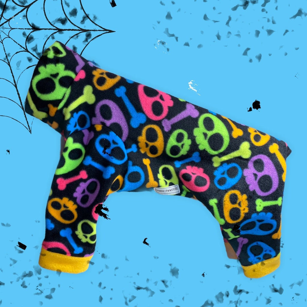 NEON SKULLS FLEECE Dog Onesie, Handmade Small Pet Clothing