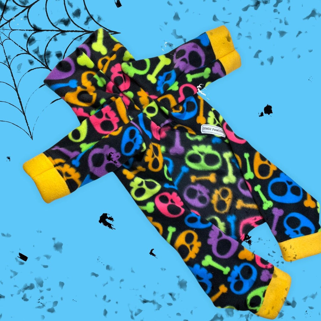 NEON SKULLS FLEECE Dog Onesie, Handmade Small Pet Clothing