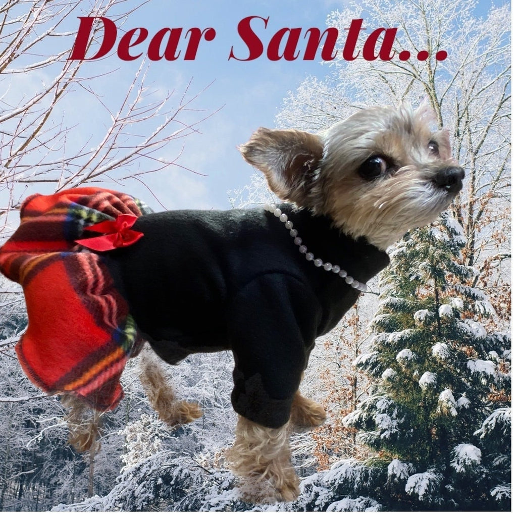 PARTY GIRL HOLIDAY Fleece Dress for Small Dogs, Handmade with Plaid Skirt, Pearls, Bow