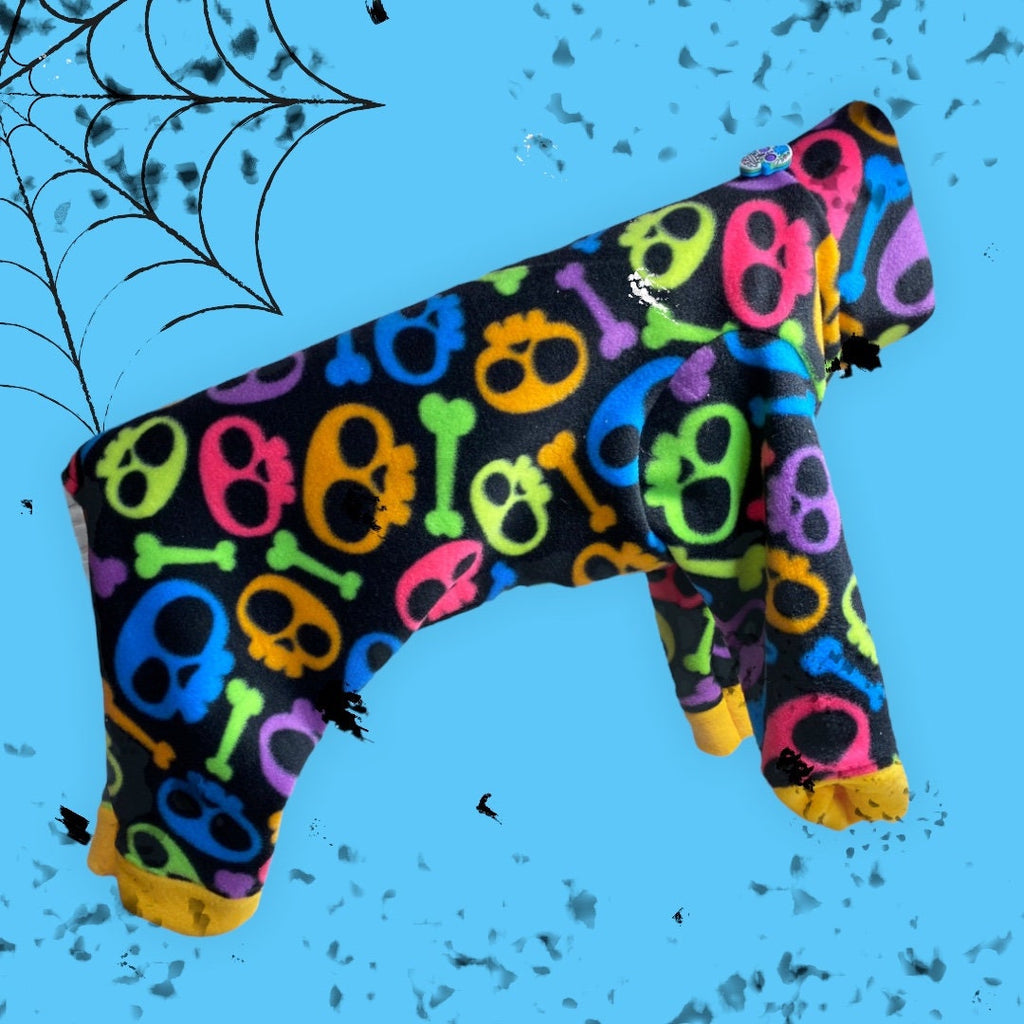 NEON SKULLS FLEECE Dog Onesie, Handmade Small Pet Clothing