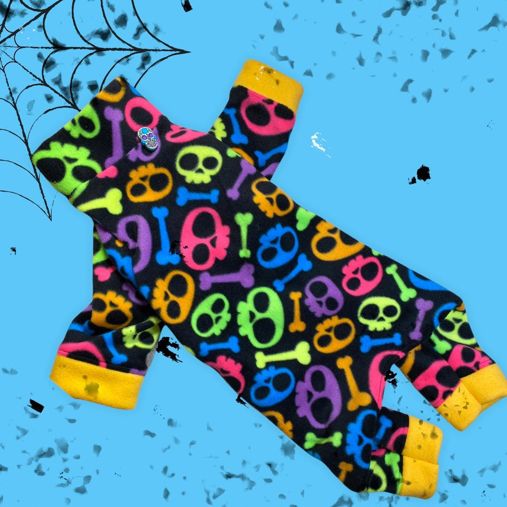 NEON SKULLS FLEECE Dog Onesie, Handmade Small Pet Clothing