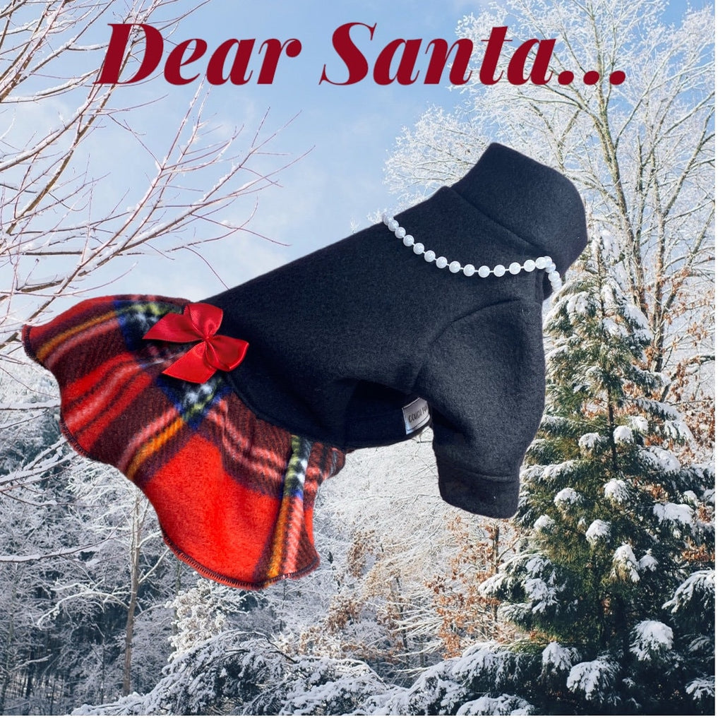 PARTY GIRL HOLIDAY Fleece Dress for Small Dogs, Handmade with Plaid Skirt, Pearls, Bow