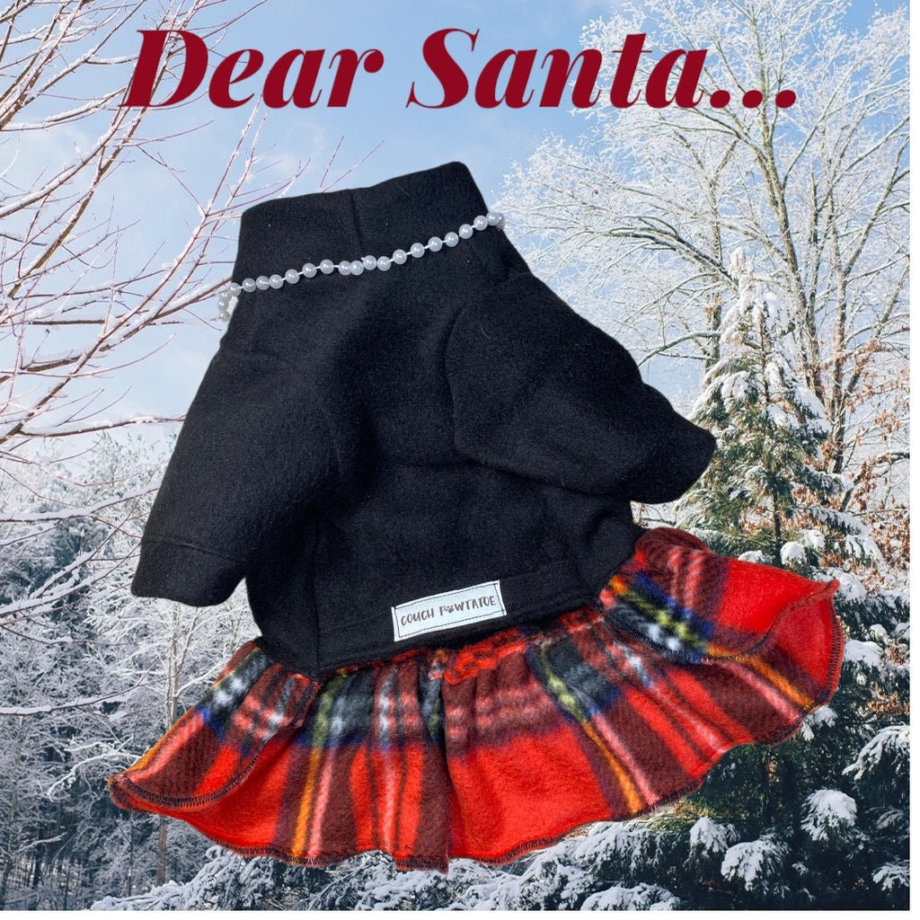 PARTY GIRL HOLIDAY Fleece Dress for Small Dogs, Handmade with Plaid Skirt, Pearls, Bow