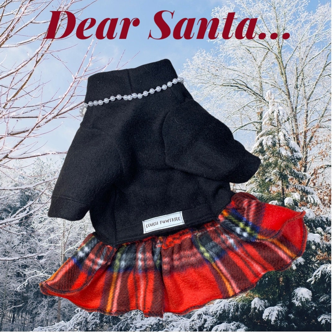 PARTY GIRL HOLIDAY Fleece Dress for Small Dogs, Handmade with Plaid Skirt, Pearls, Bow