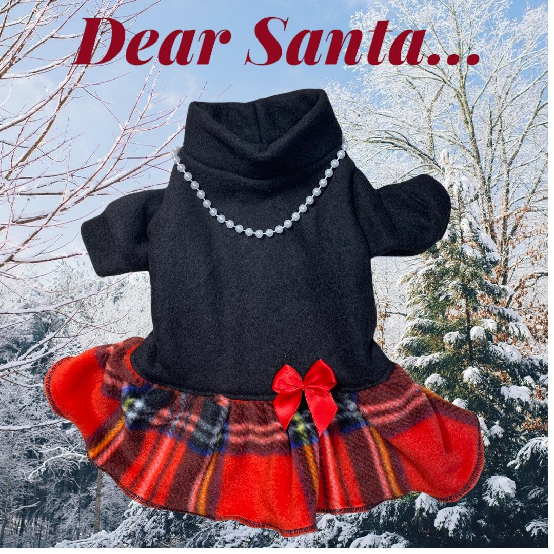 PARTY GIRL HOLIDAY Fleece Dress for Small Dogs, Handmade with Plaid Skirt, Pearls, Bow