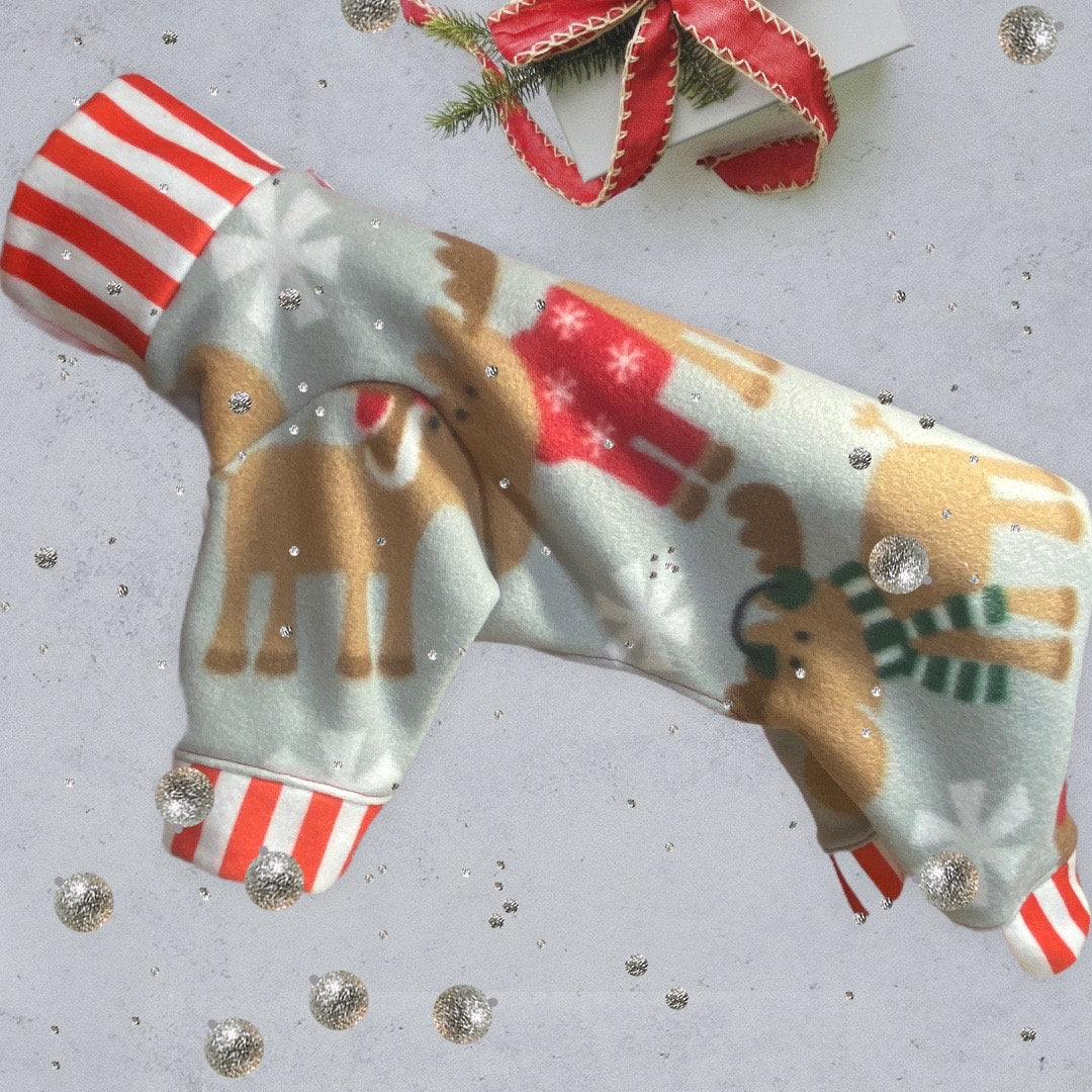 ANOTHER CHRISTMOOSE FLEECE Onesie for Small Dogs, Handmade Holiday Pet Clothes