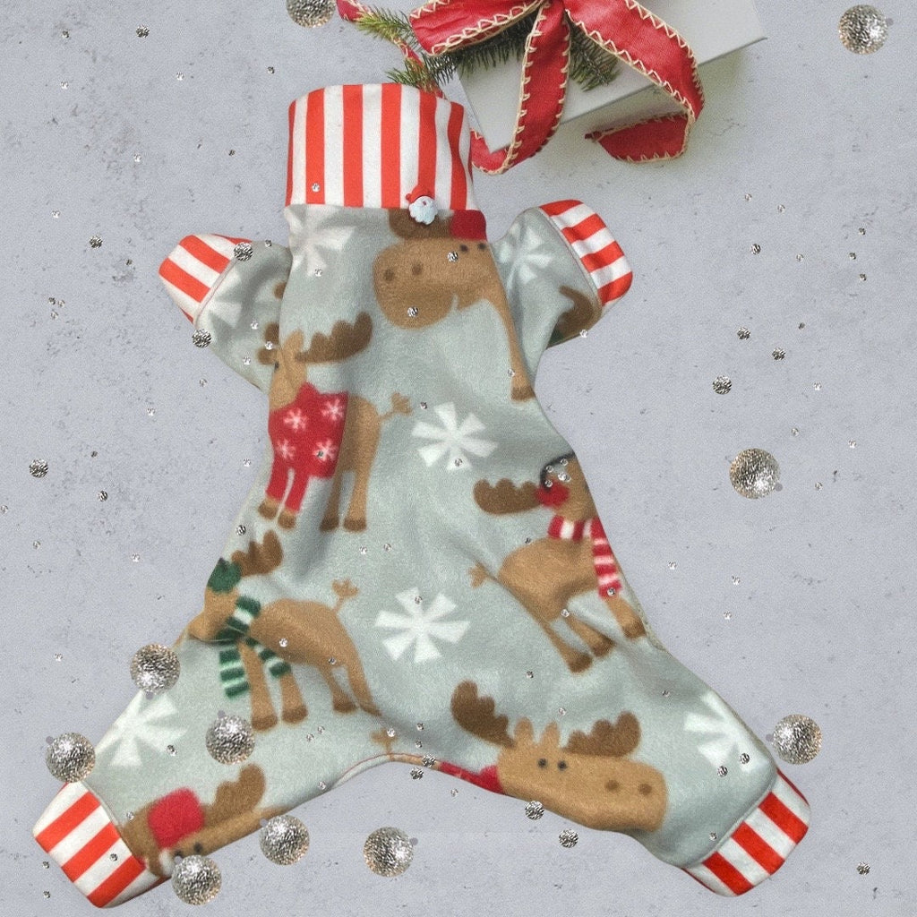 ANOTHER CHRISTMOOSE FLEECE Onesie for Small Dogs, Handmade Holiday Pet Clothes
