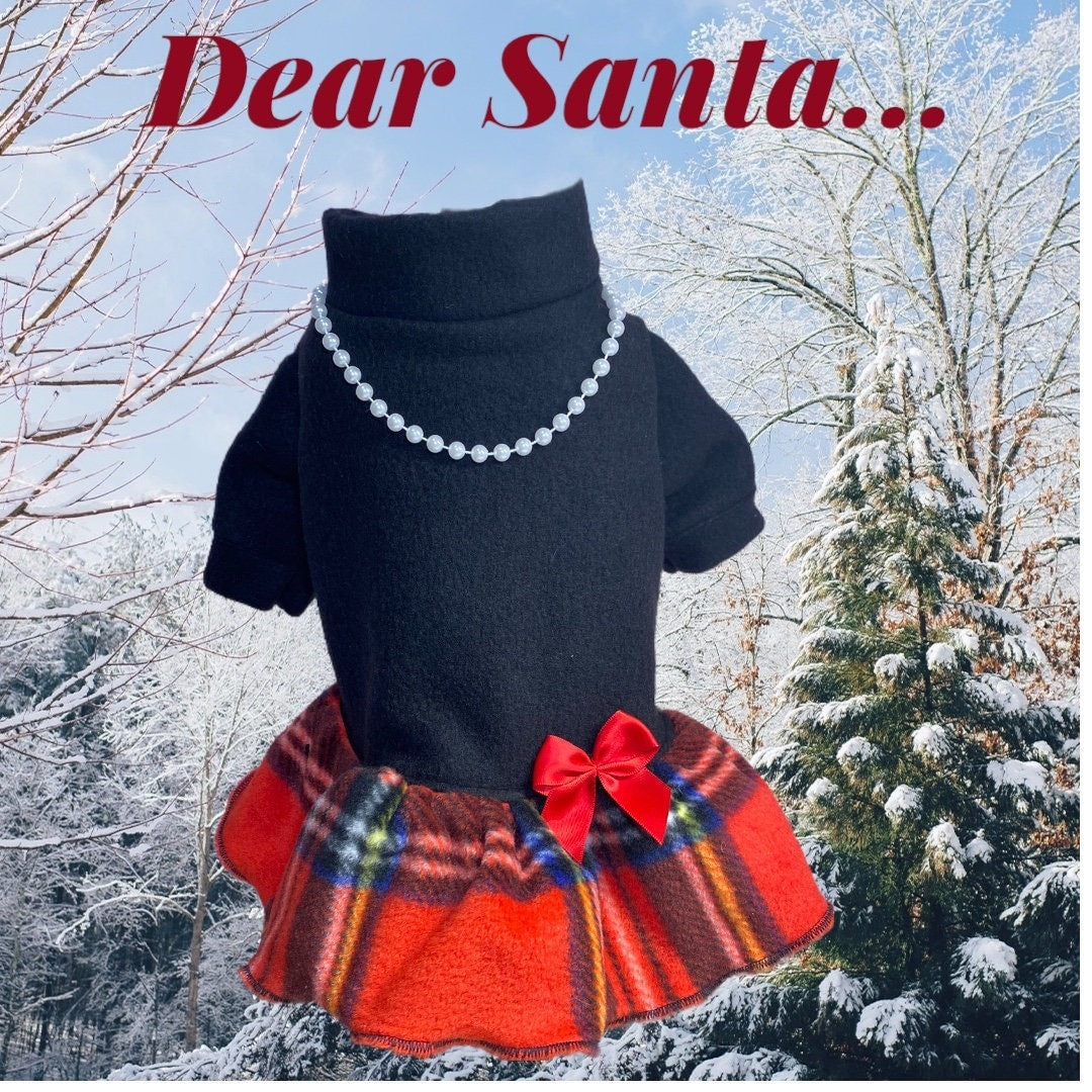 PARTY GIRL HOLIDAY Fleece Dress for Small Dogs, Handmade with Plaid Skirt, Pearls, Bow