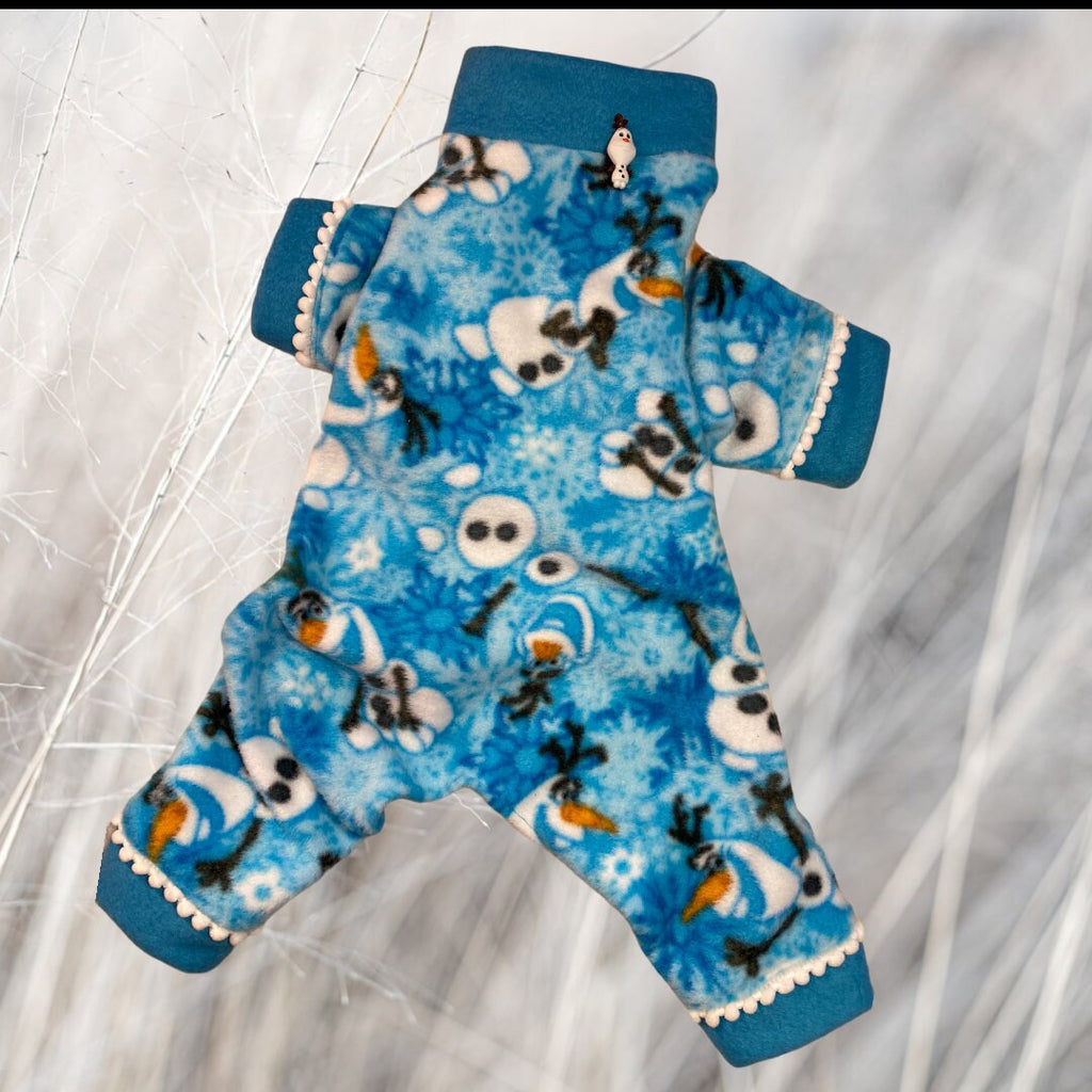 FREEZIN' SNOWMAN FLEECE Dog Onesie: Handmade Winter Snowman Jammies