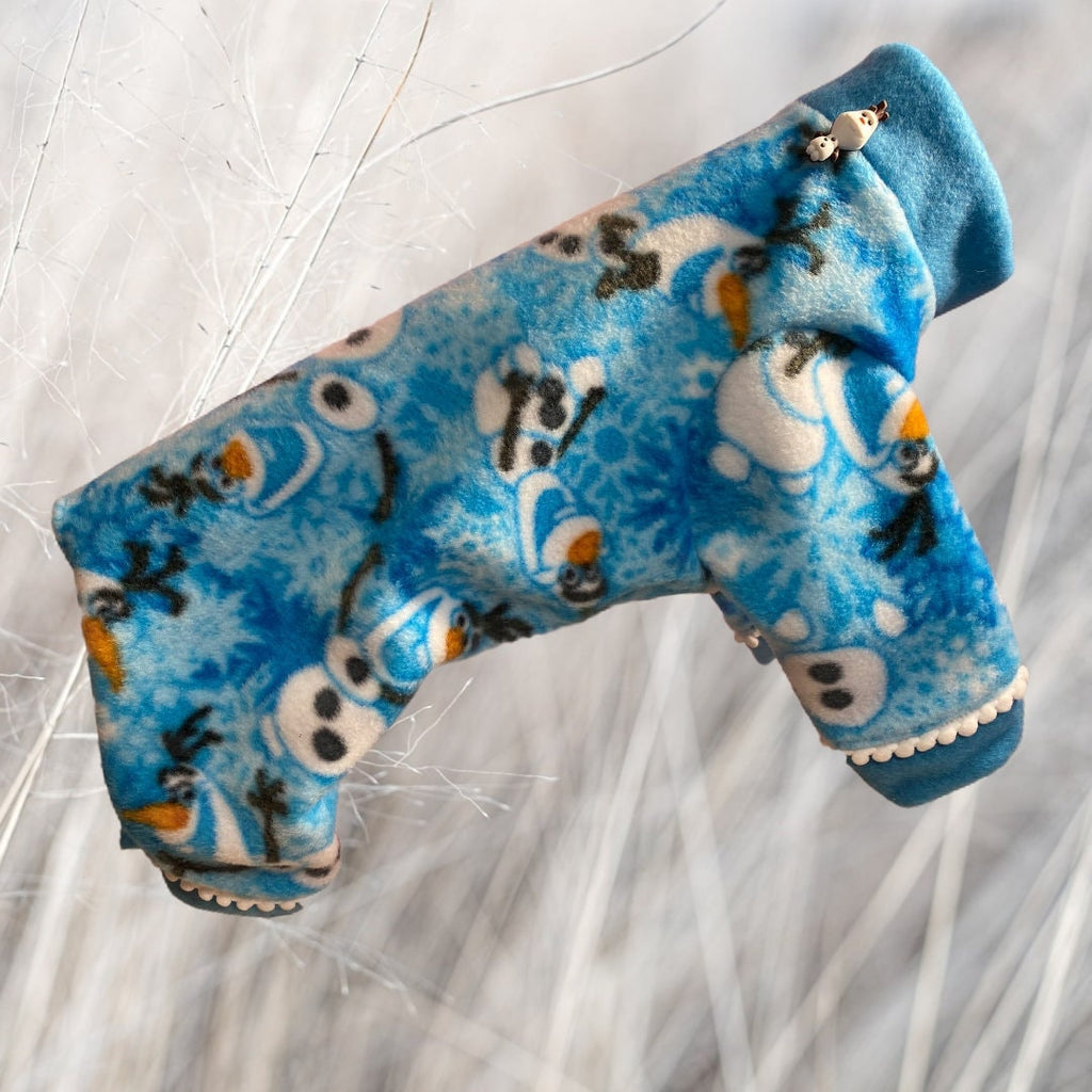 FREEZIN' SNOWMAN FLEECE Dog Onesie: Handmade Winter Snowman Jammies
