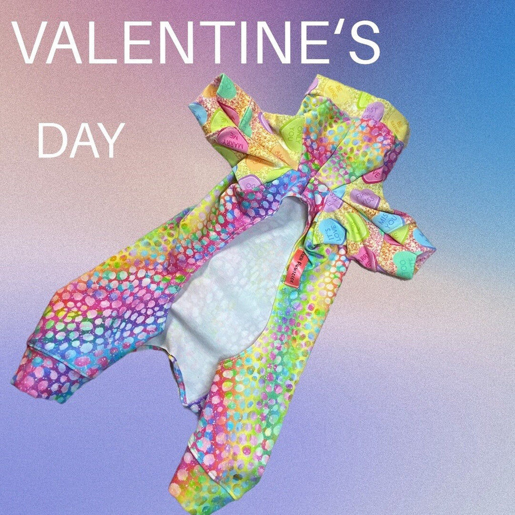 RAINBOW CANDY HEART Dog Onesie, Handmade Dog Clothing
