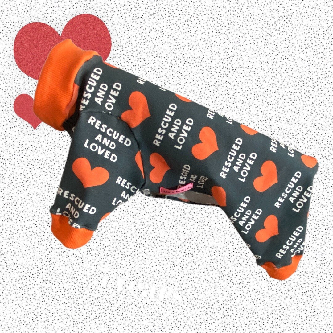 RESCUED and LOVED Dog Onesie, Handmade Jammies for Small Pets