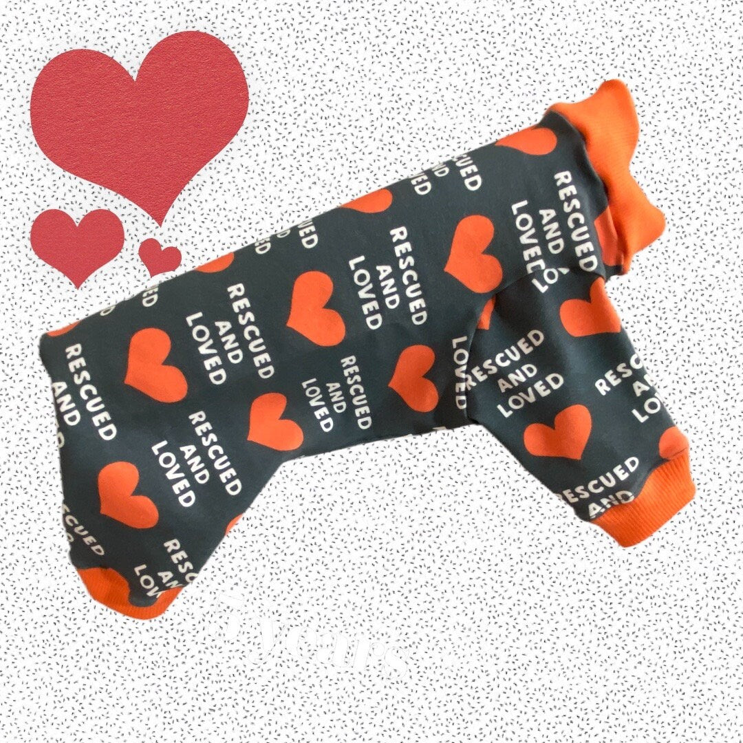 RESCUED and LOVED Dog Onesie, Handmade Jammies for Small Pets
