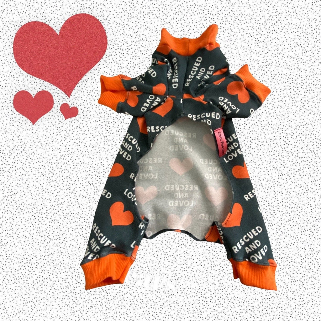 RESCUED and LOVED Dog Onesie, Handmade Jammies for Small Pets