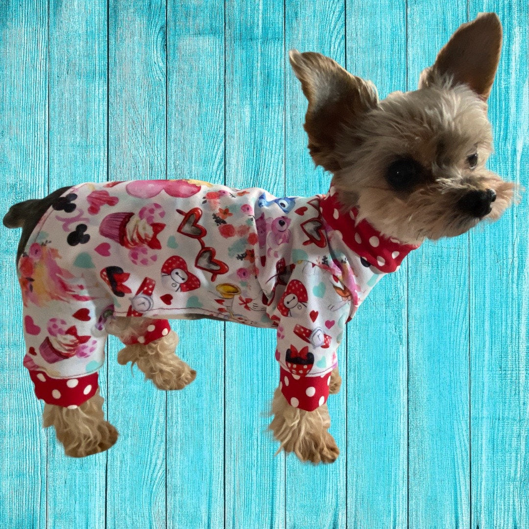 MOUSE & HEARTS Print Cotton Spandex Small Dog Jammies,