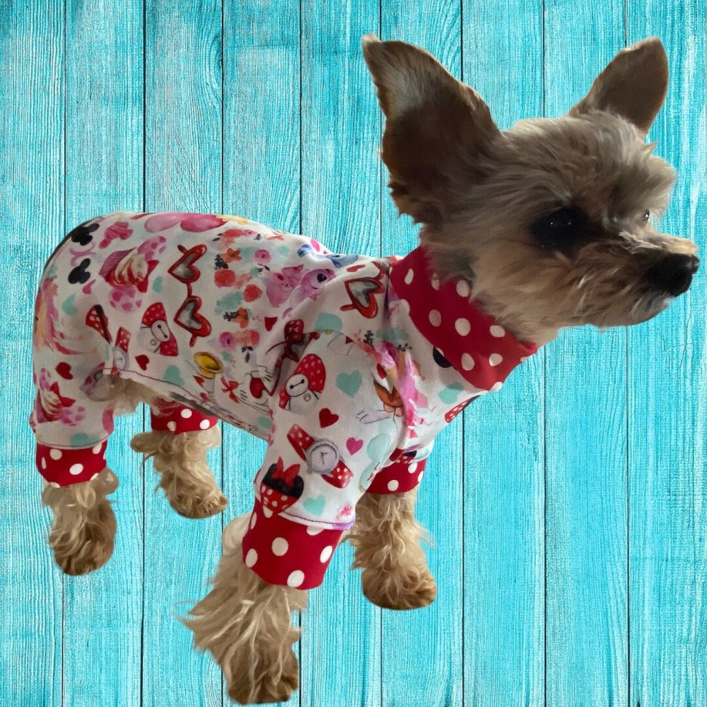 MOUSE & HEARTS Print Cotton Spandex Small Dog Jammies,