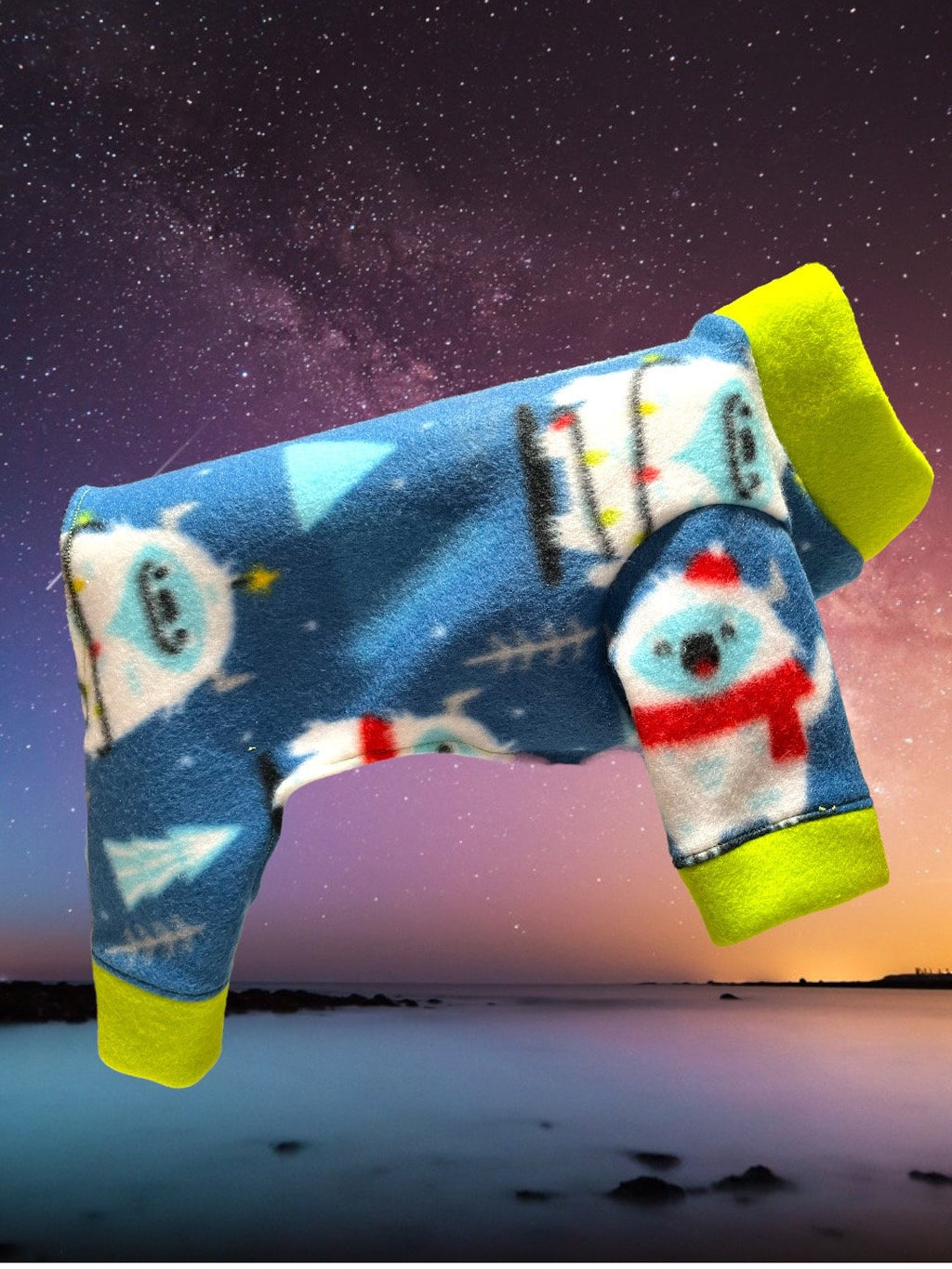 YETI PRINT FLEECE Dog Jammies, Warm Winter Onesie for Small Pets, Handmade Clothing