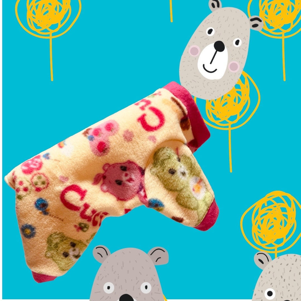 CARING BEARS Fleece Dog Onesie, Warm Jammies for Small Pets, Handmade Dog Clothing