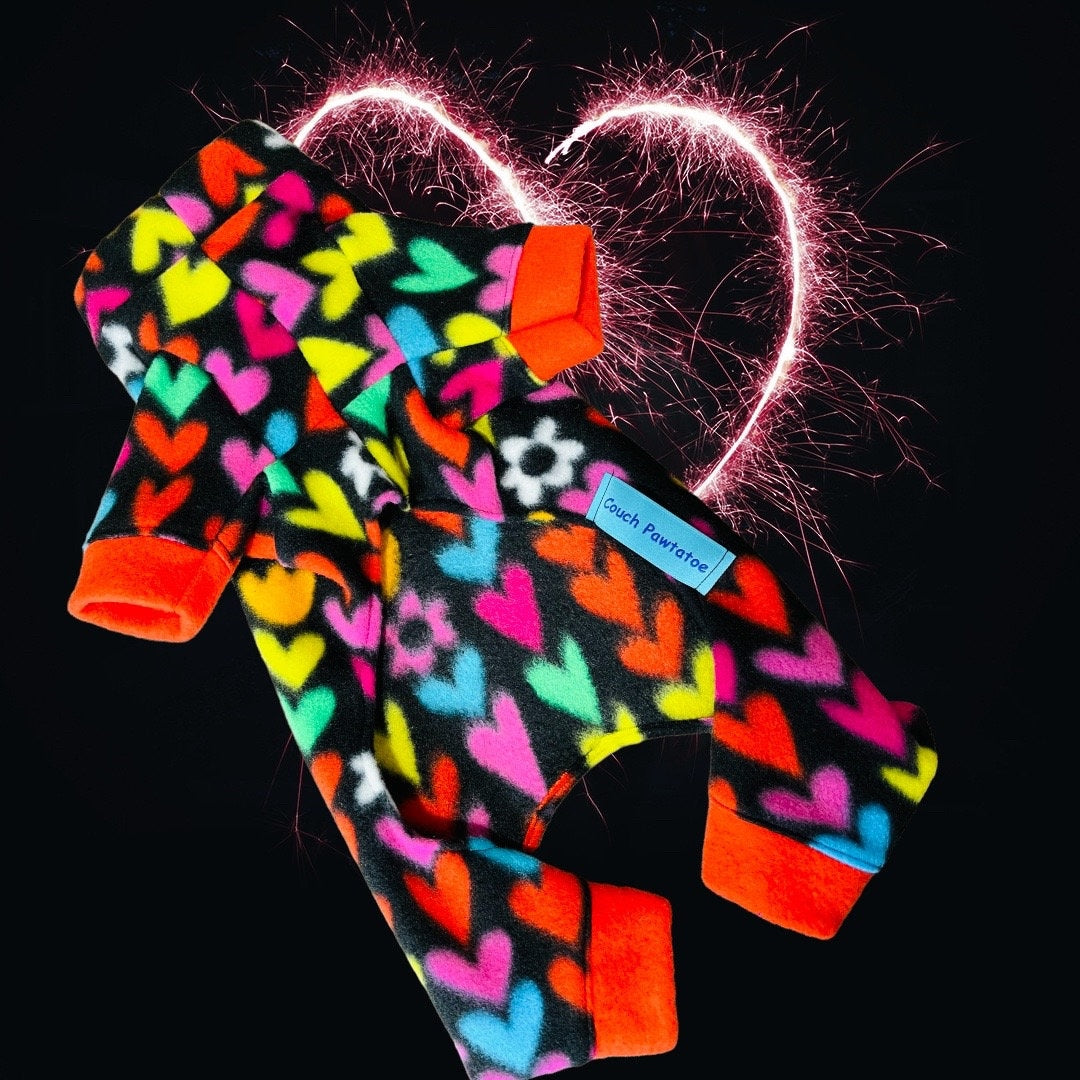 COLORFUL HEART FLEECE Jammies For Small Pets, Handmade Dog Clothes