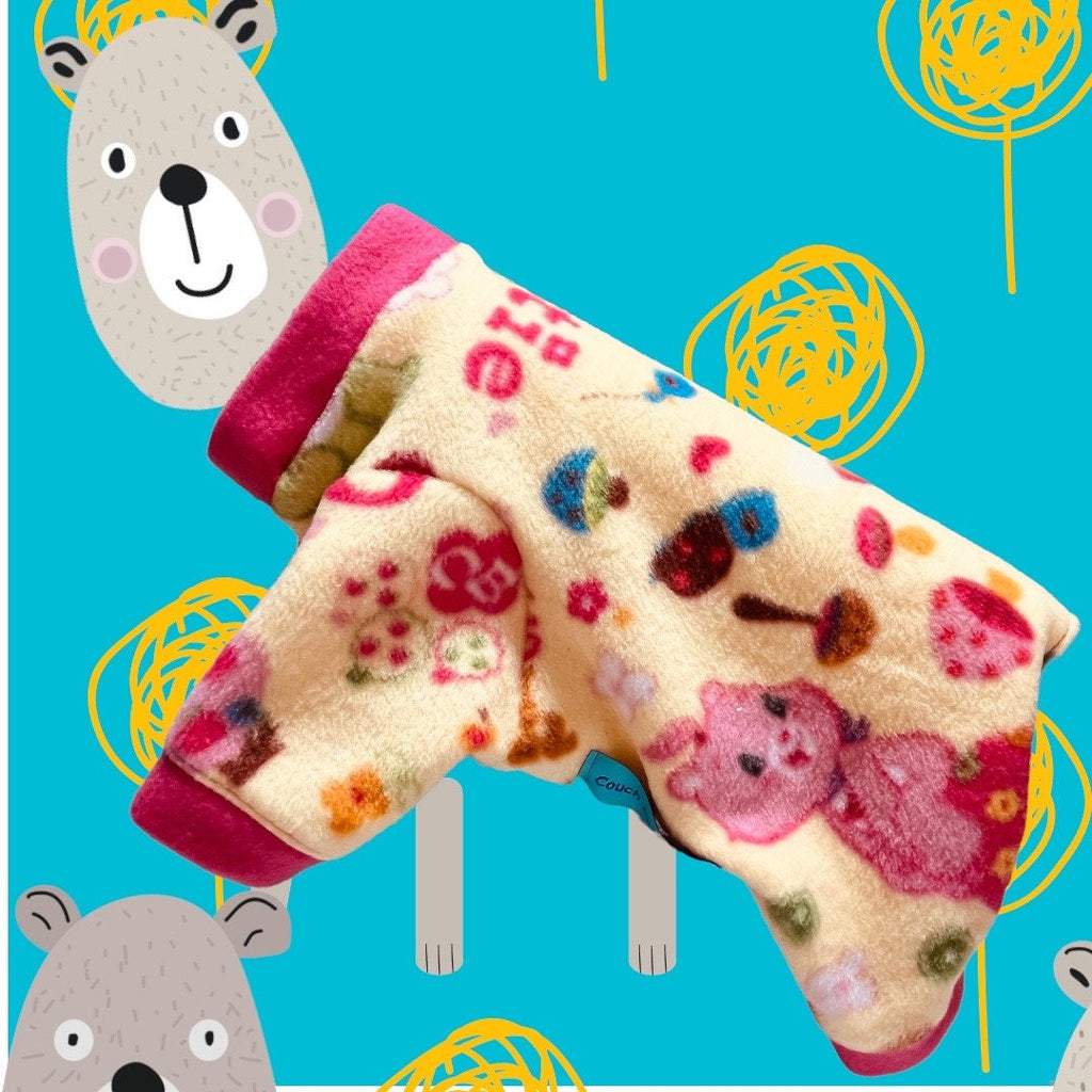 CARING BEARS Fleece Dog Onesie, Warm Jammies for Small Pets, Handmade Dog Clothing