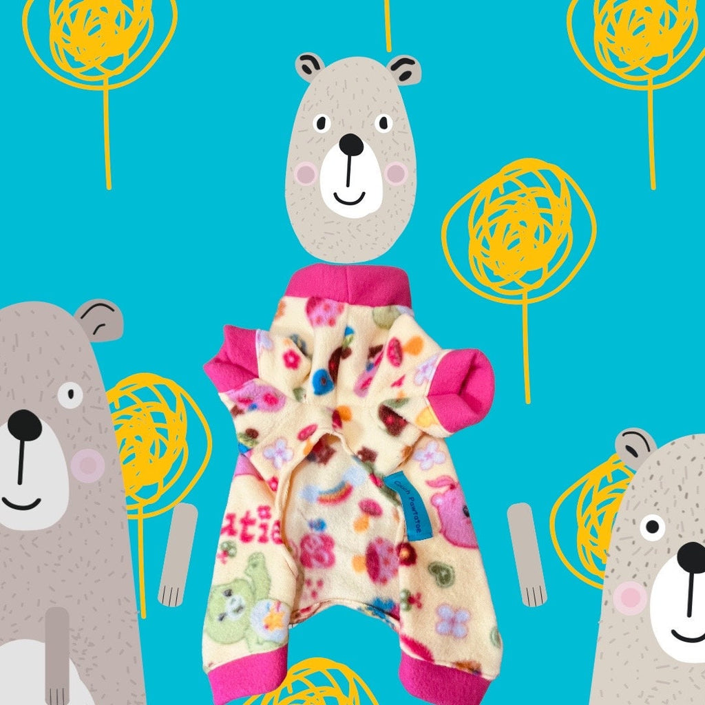 CARING BEARS Fleece Dog Onesie, Warm Jammies for Small Pets, Handmade Dog Clothing