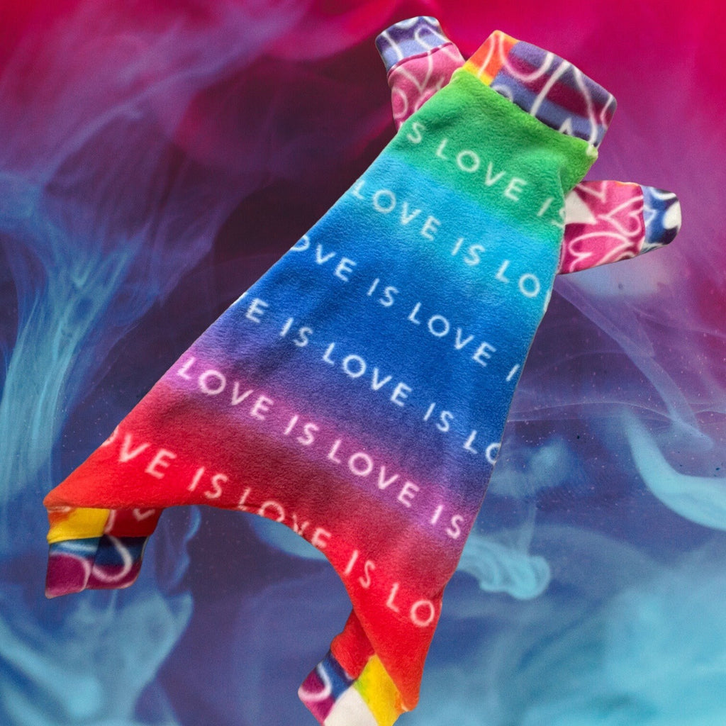 LOVE IS...  Fleece Dog Jammies,  Rainbow Winter Onesie