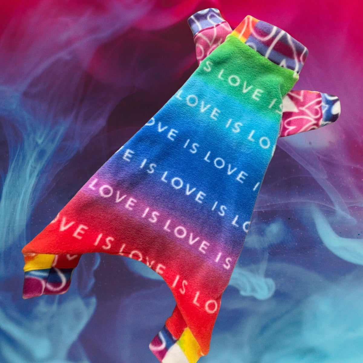 LOVE IS...  Fleece Dog Jammies,  Rainbow Winter Onesie