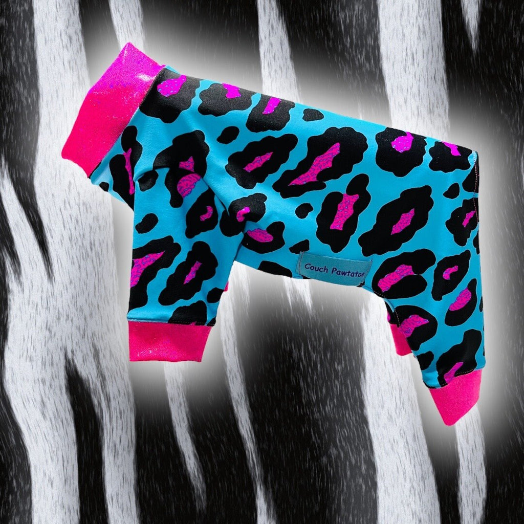 ELECTRIC BLUE LEOPARD Dog Onesie, Small Pet Jammies
