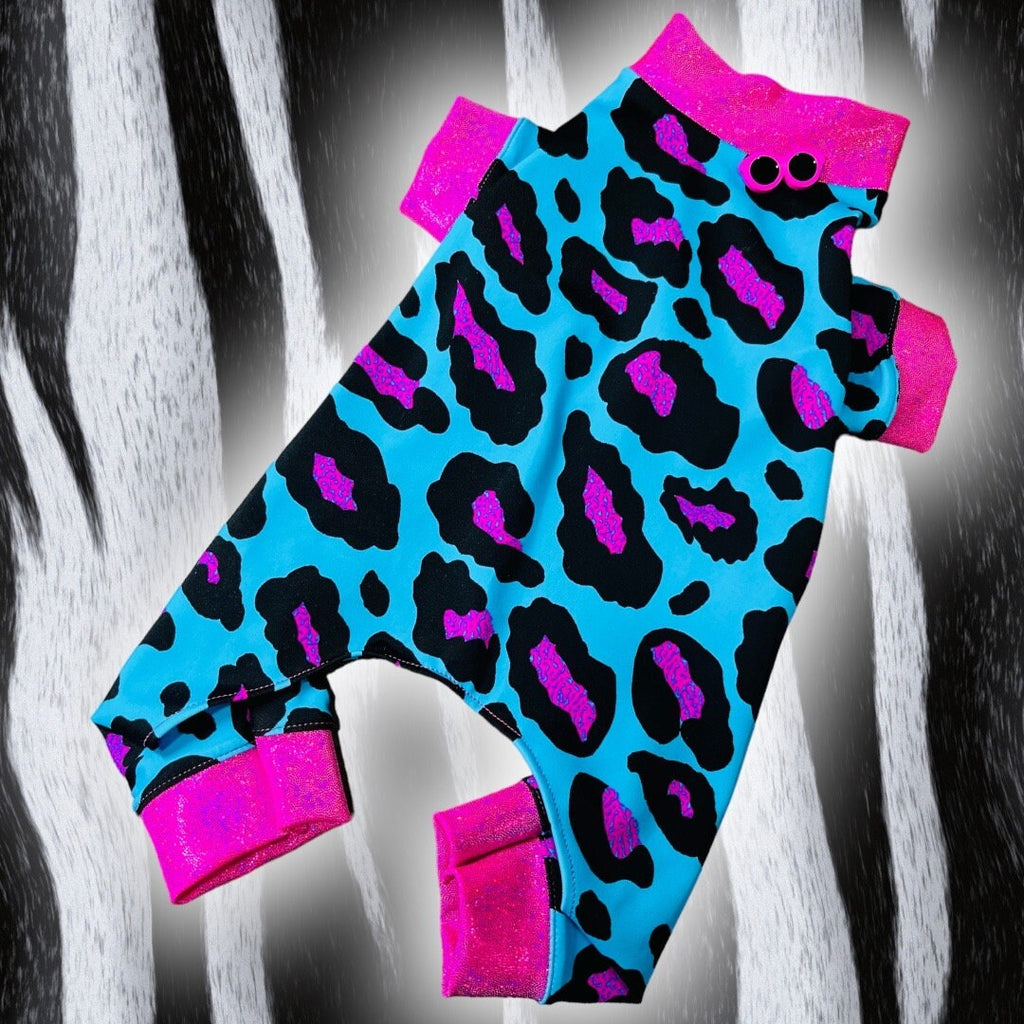 ELECTRIC BLUE LEOPARD Dog Onesie, Small Pet Jammies