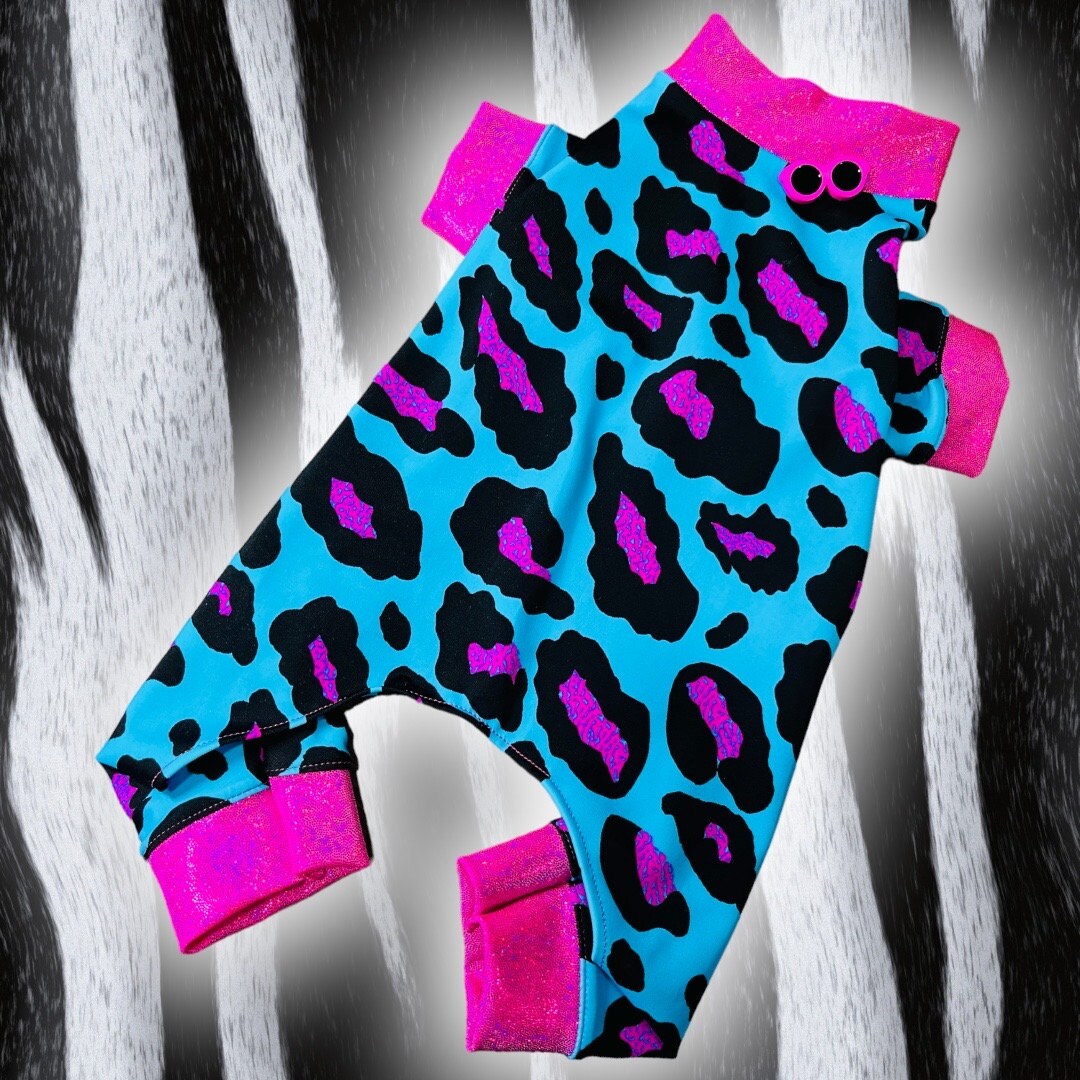 ELECTRIC BLUE LEOPARD Dog Onesie, Small Pet Jammies